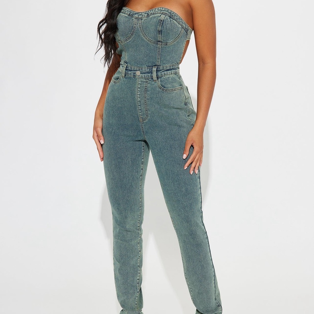 Fashion Nova High-Rise Strapless Green Denim Jeans